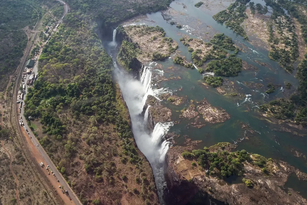 An aerial view of the river above Victoria Falls split into channels before it pours into the gorge (the falls from the air, not the theatre)
